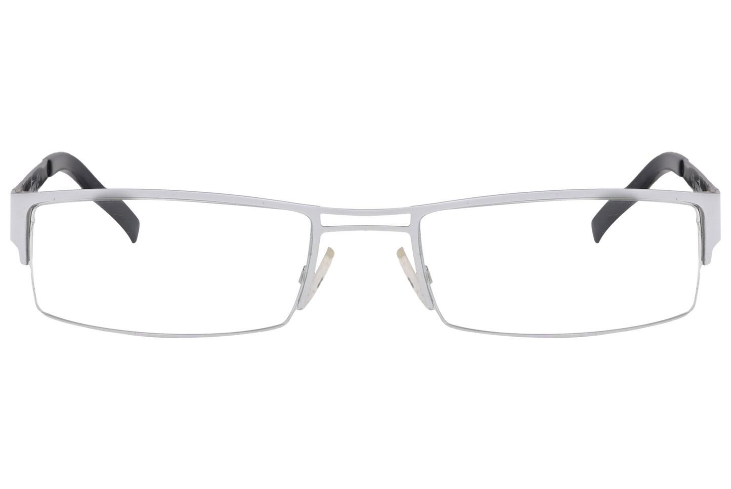 A pair of white rectangle eyeglasses with blue accents on the arms.