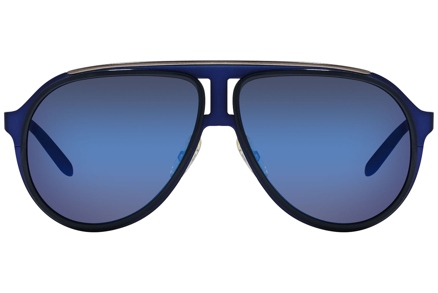 A pair of blue aviator sunglasses with red accents on the arms.