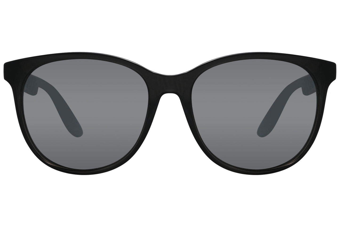 Black oval sunglasses with a plastic frame and tinted lenses.