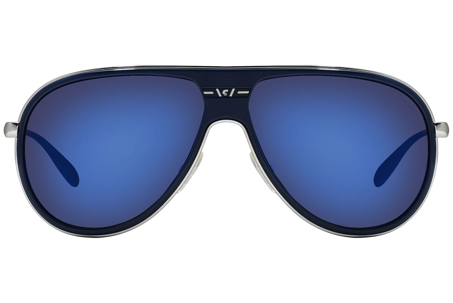 A pair of blue aviator sunglasses with a metallic frame.