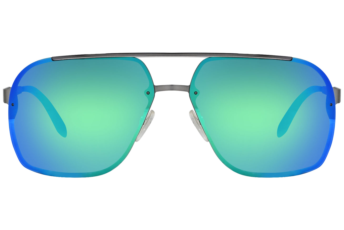 A pair of Carrera aviator sunglasses with blue lenses and green tint, featuring a metallic frame.