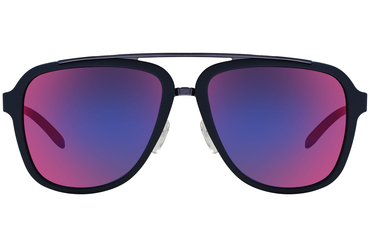 A pair of aviator sunglasses with blue frames and red lenses.