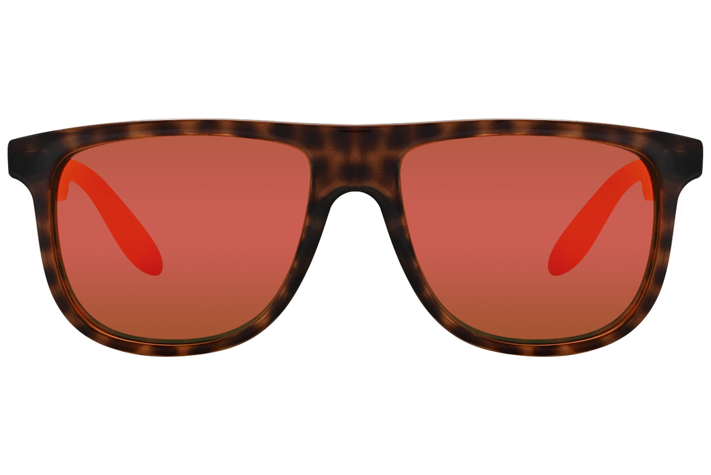 A pair of oval sunglasses with orange lenses and tortoise patterned frame.
