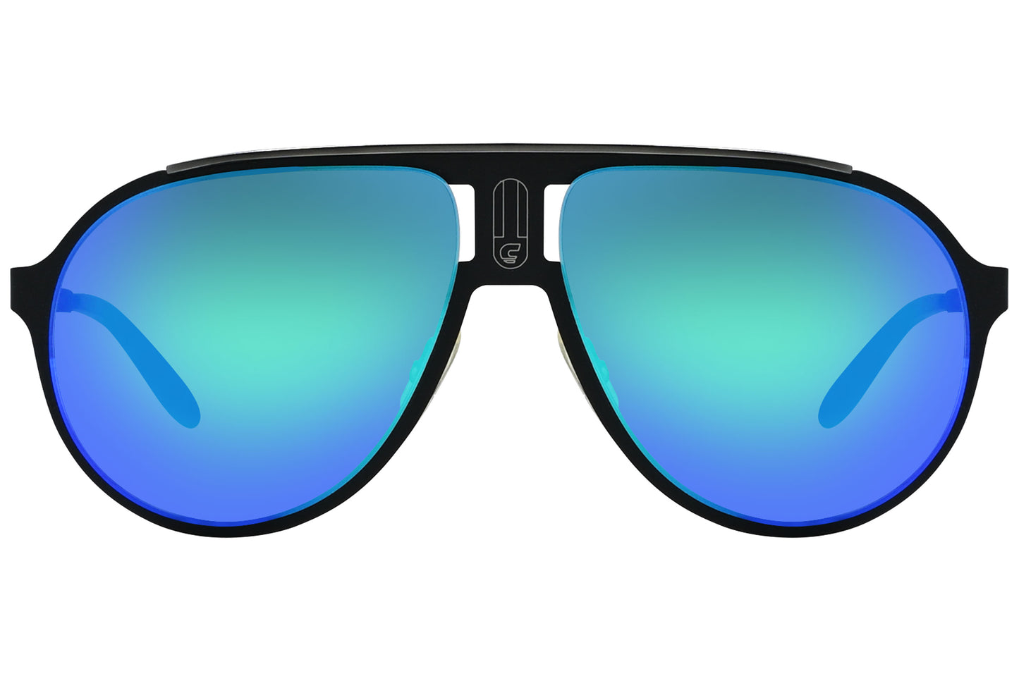 A pair of blue aviator sunglasses with a black frame.