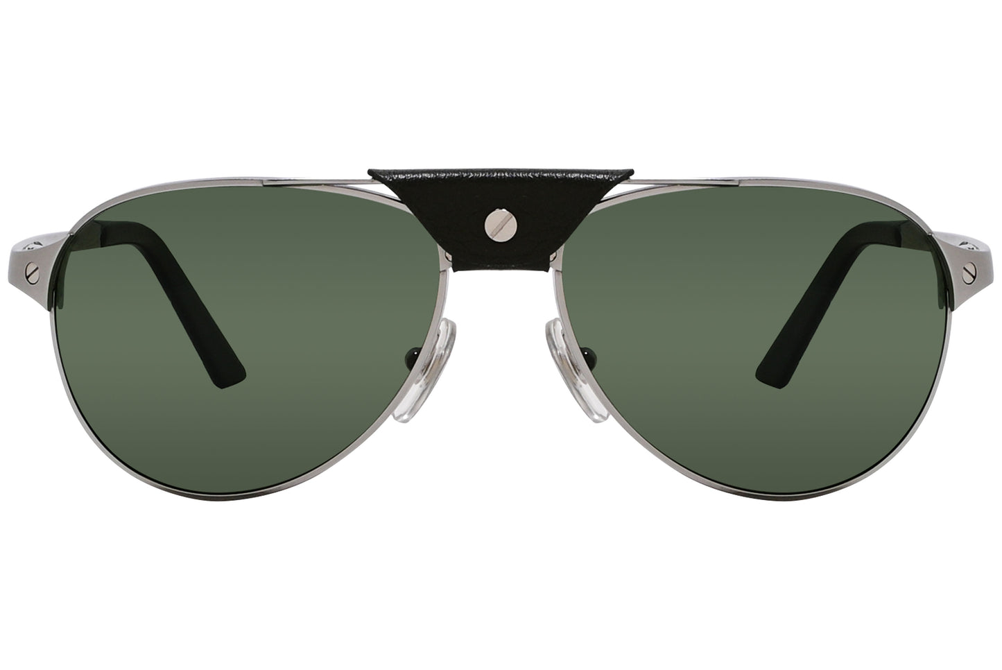A pair of silver aviator sunglasses with dark green lenses.