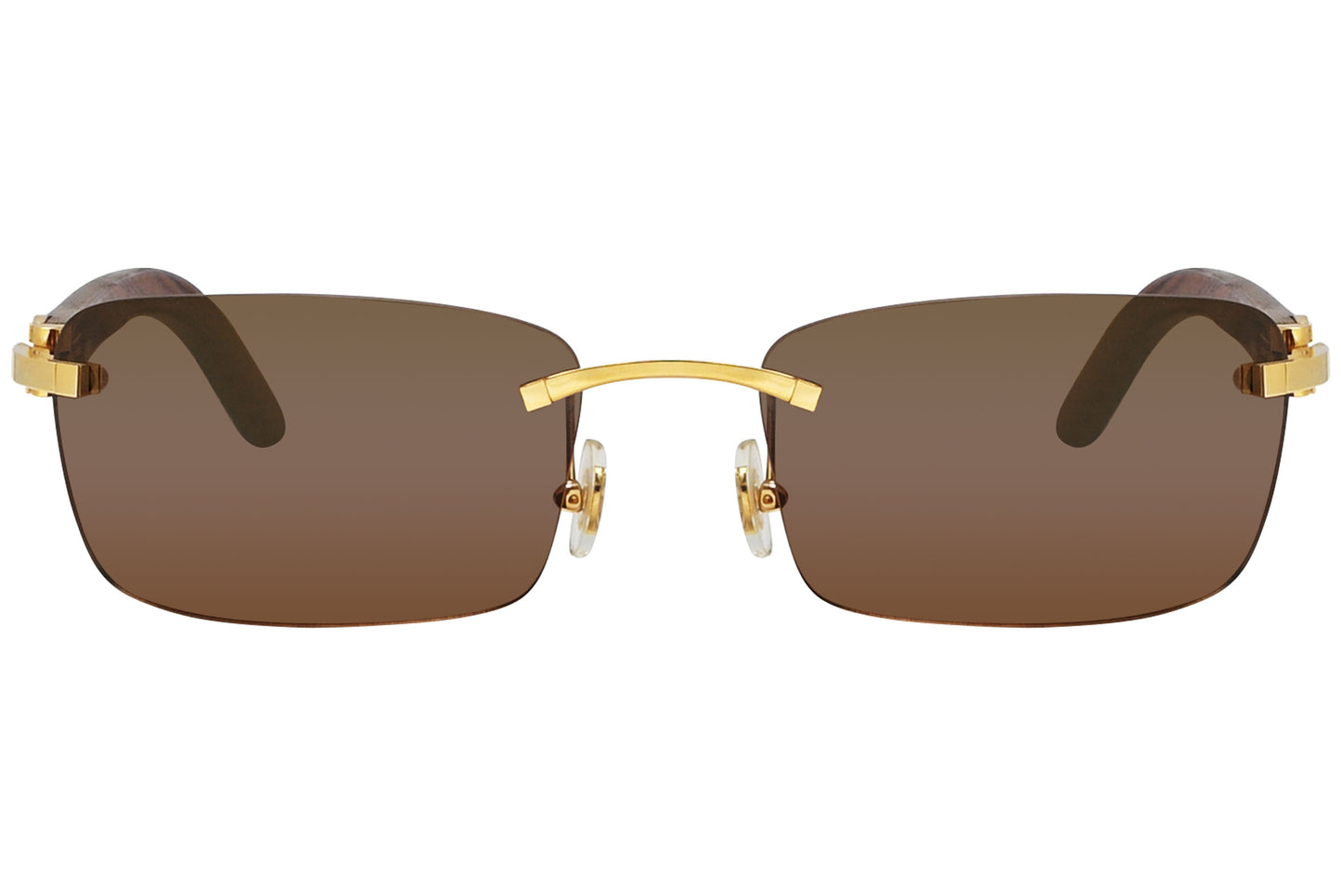 A pair of rimless sunglasses with a gold frame and brown lenses, featuring a browline design.