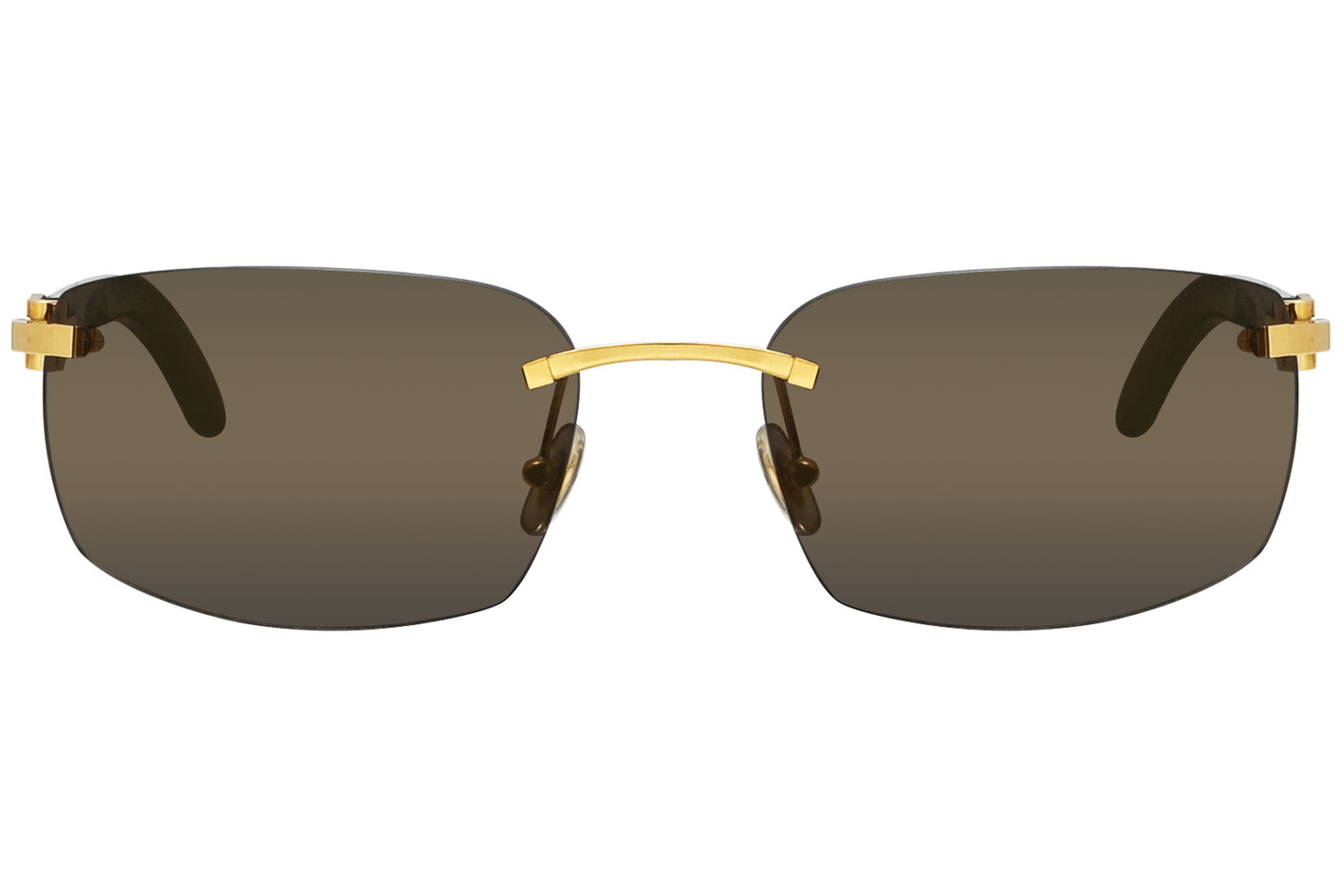 A pair of rimless sunglasses with a black frame and gold accents. The lenses are tinted, and the sunglasses have a bold and elegant design.