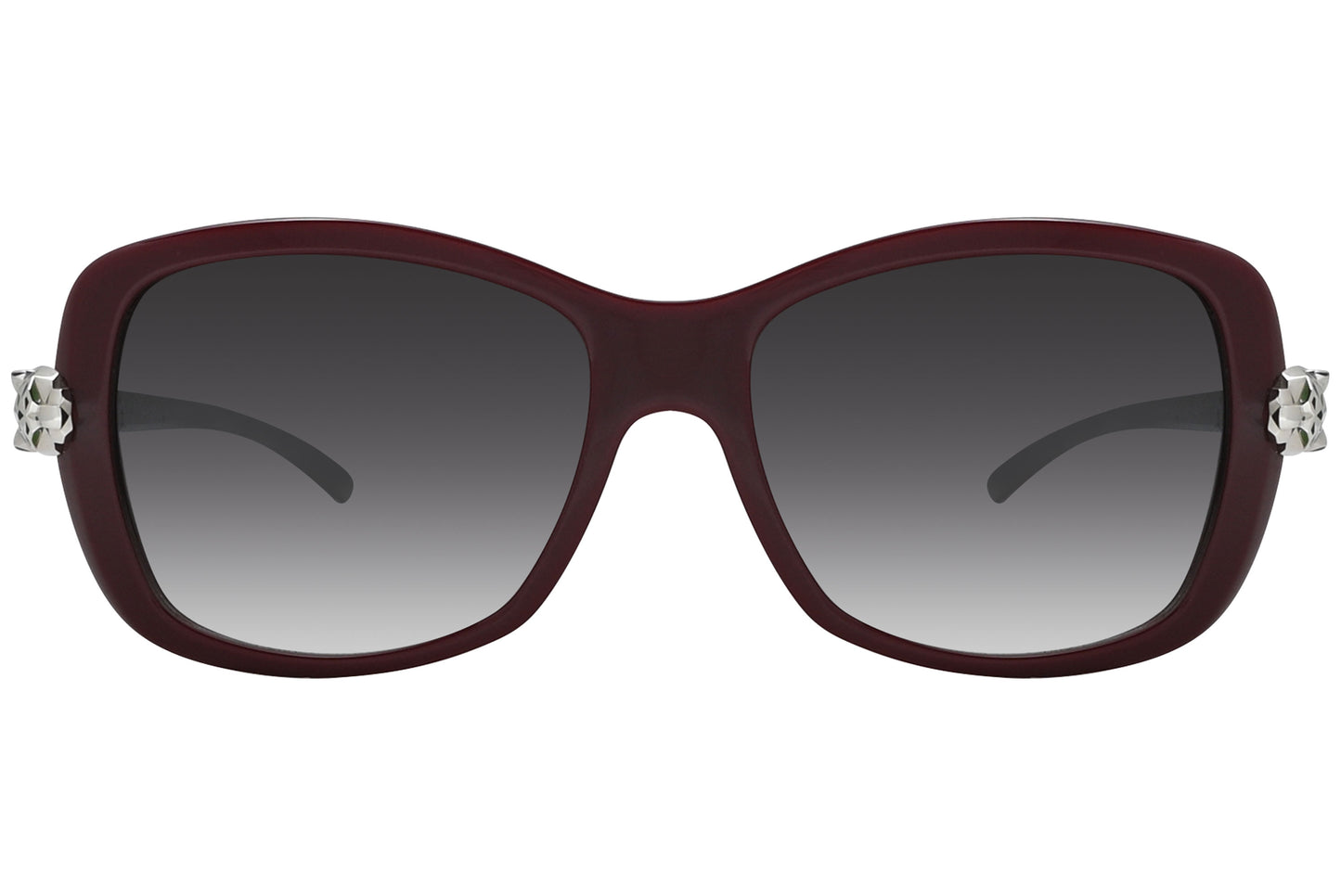 A pair of square-shaped sunglasses with a maroon frame and silver accents on the arms.