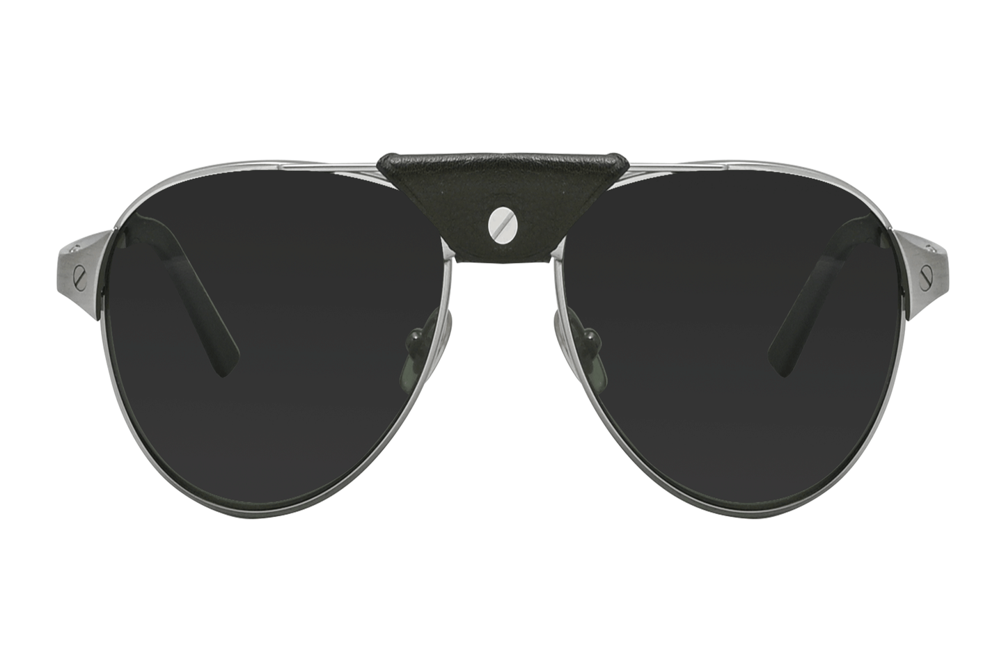 Black sunglasses with a silver frame on a white background