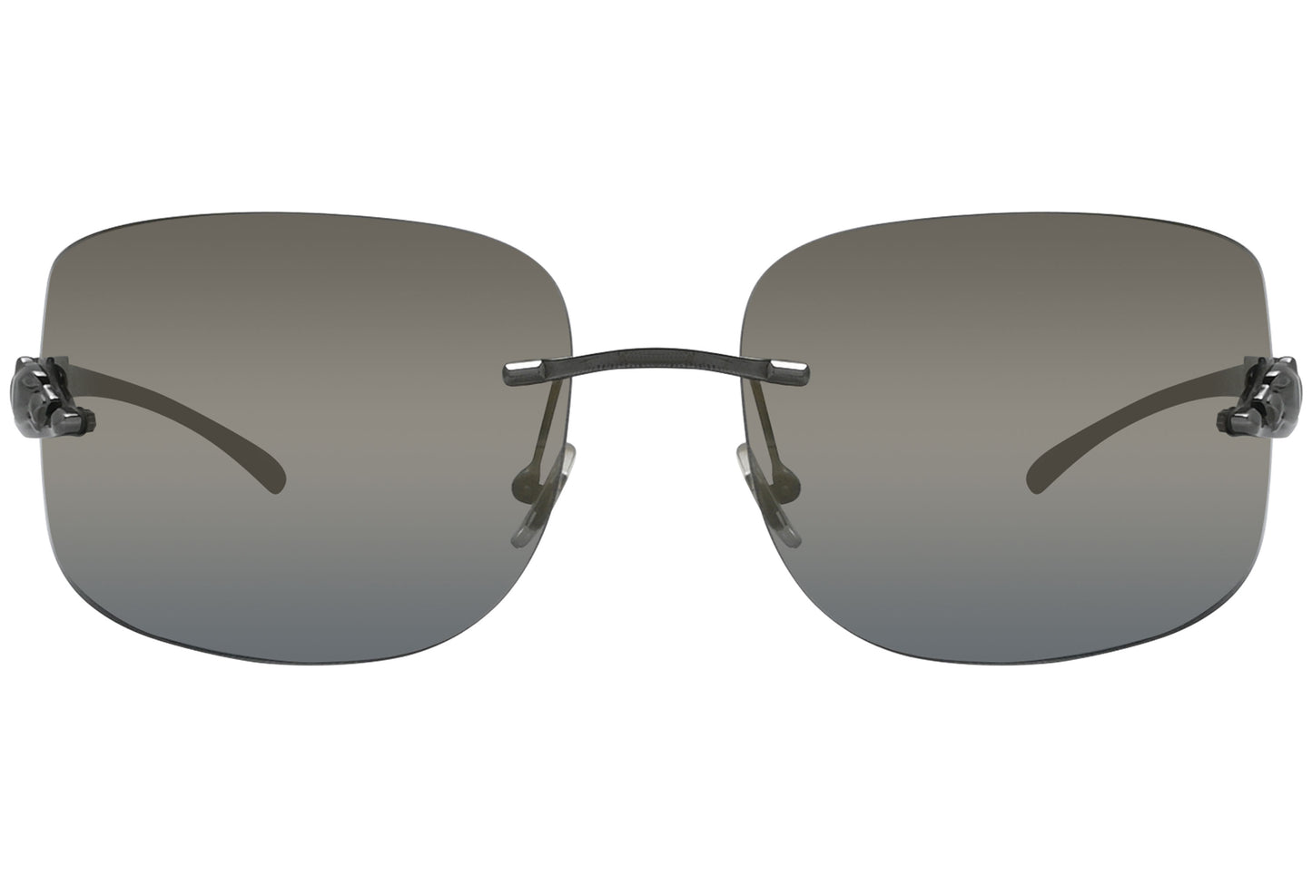 A pair of rimless sunglasses with a silver frame and dark lenses.