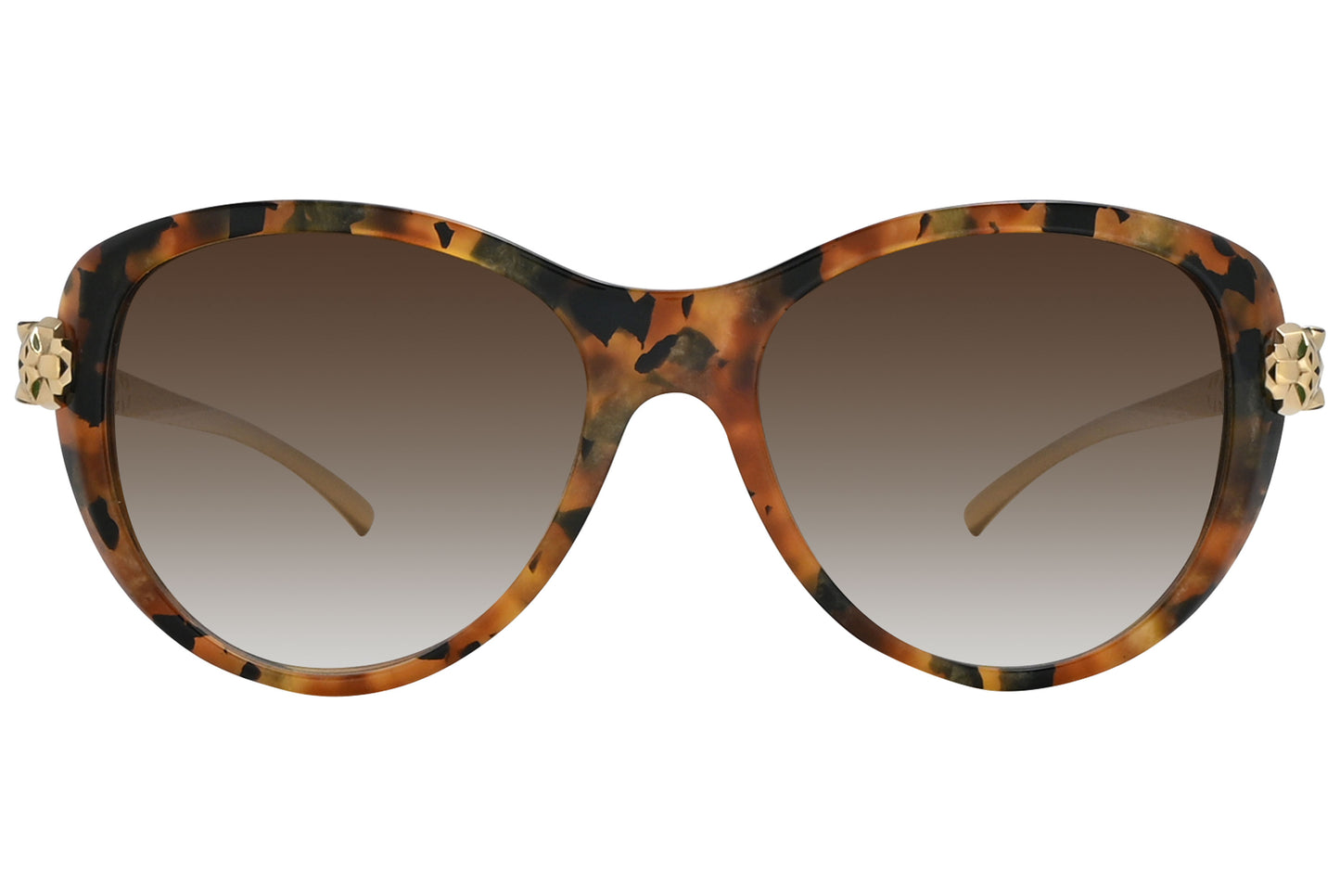 A pair of Cartier cat-eye sunglasses with a tortoise patterned frame and gold-colored temples.