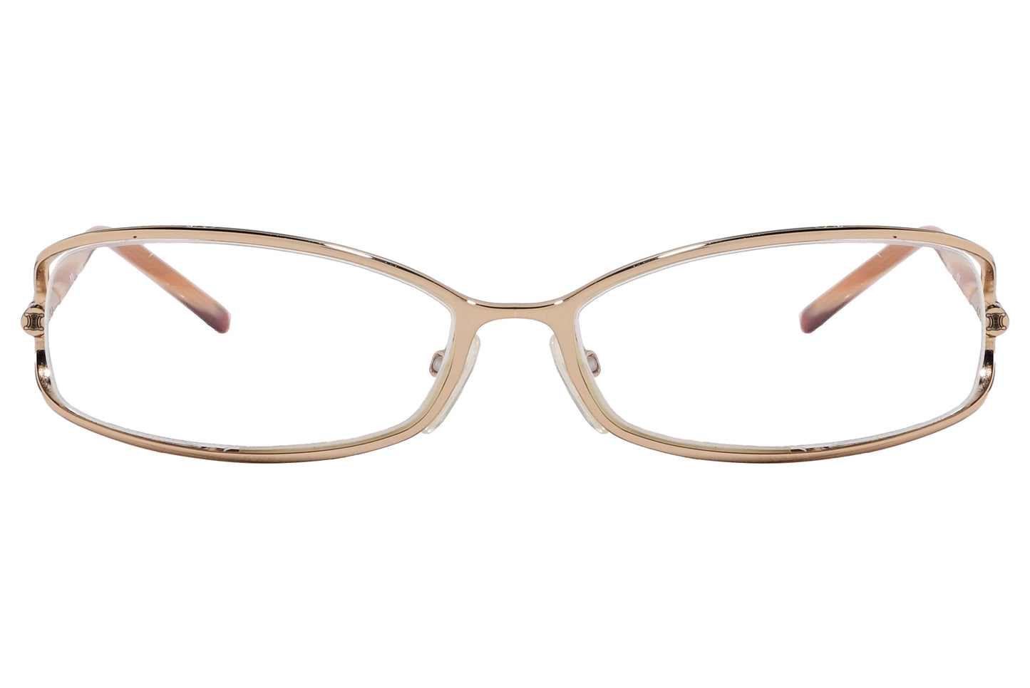Close-up of Celine VC1409 Eyeglasses highlighting bold orange color and soft oval lens shape.