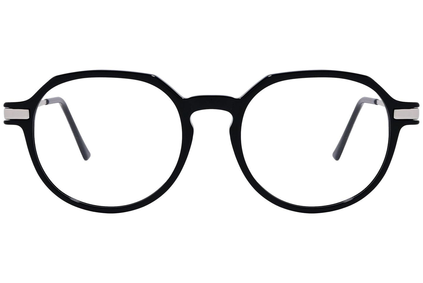 cellini round black and silver eyeglasses frame viewed from front angle.