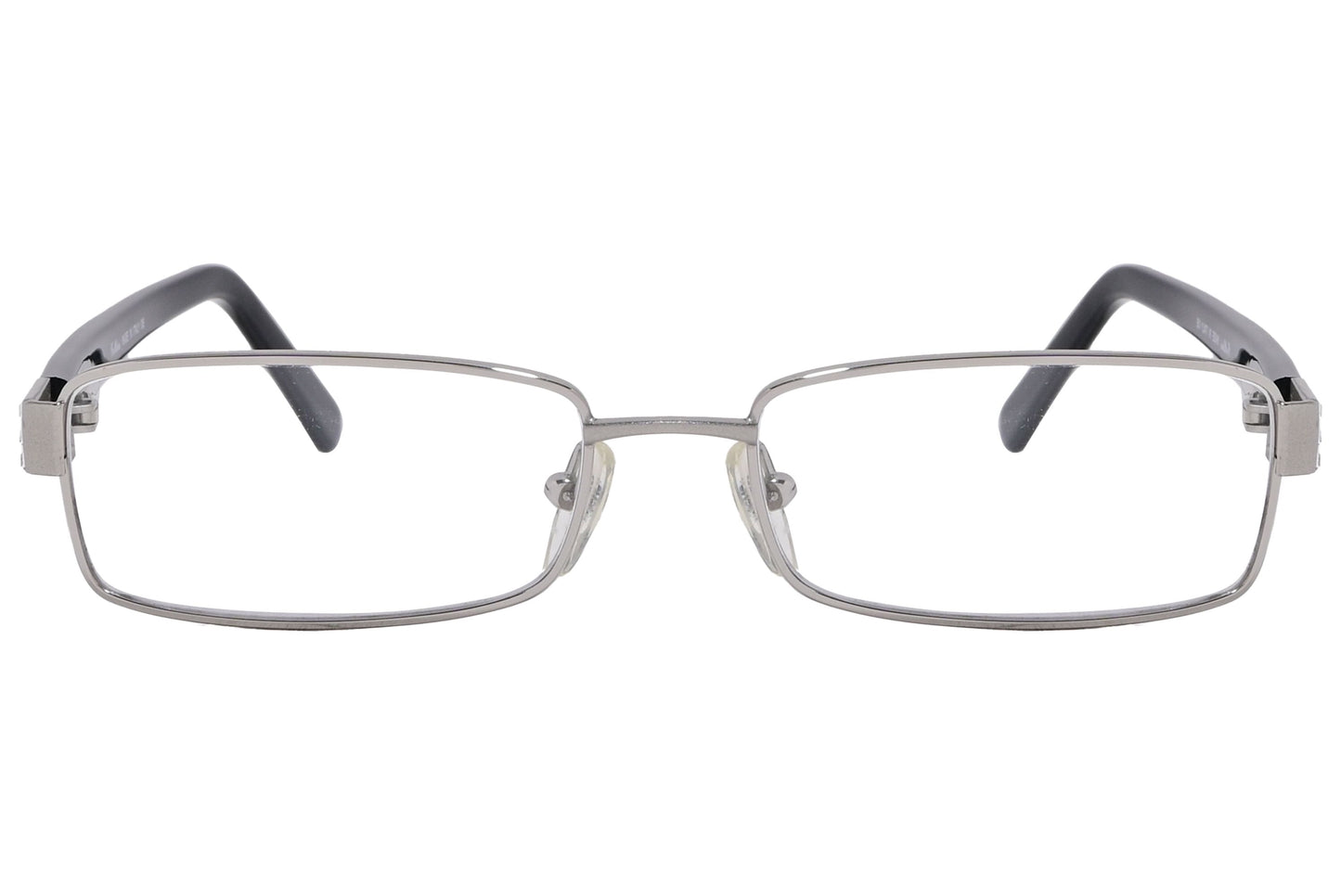 cellini rectangle silver and black eyeglasses frame viewed from front angle.