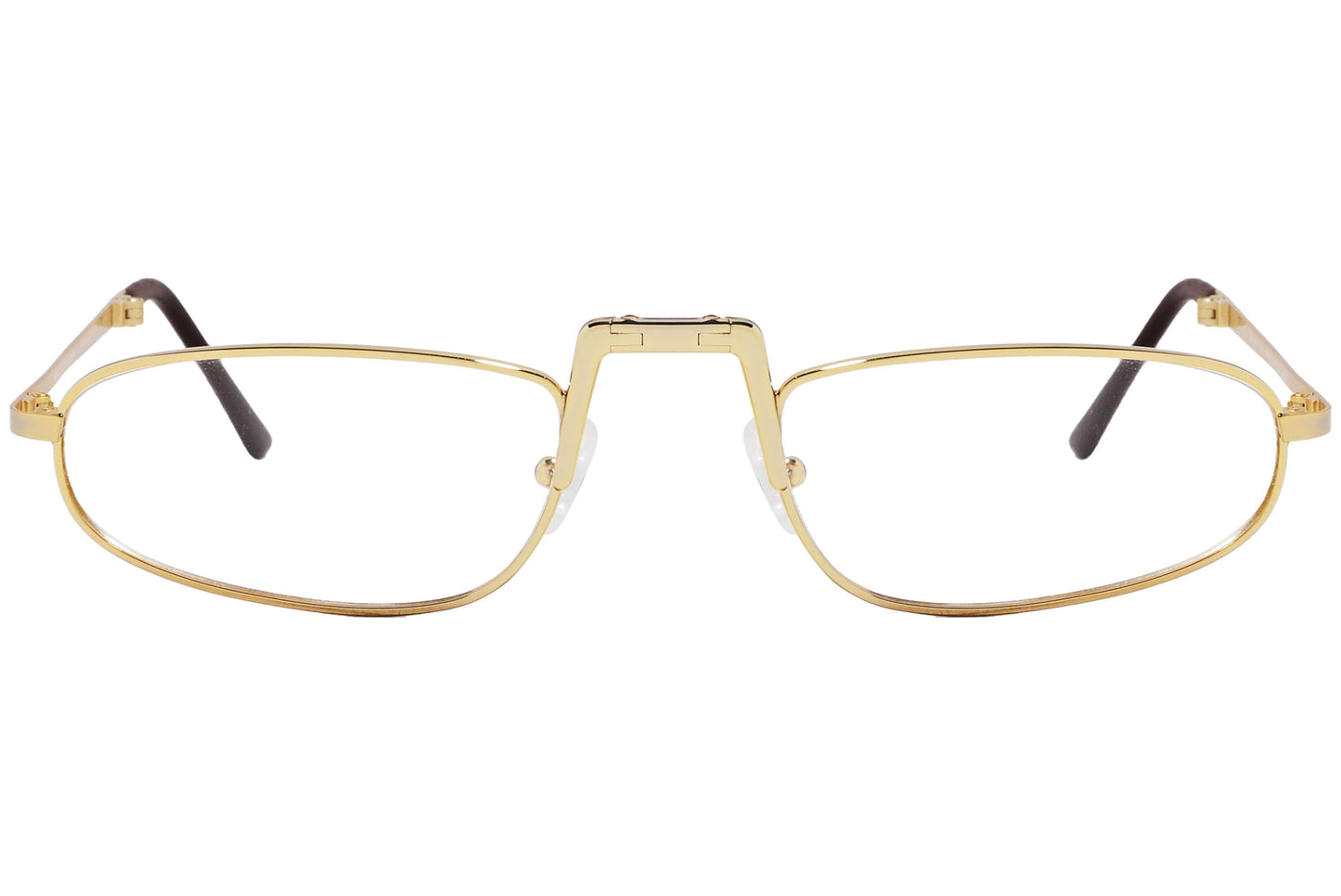 cellini oval gold eyeglasses frame viewed from front angle.
