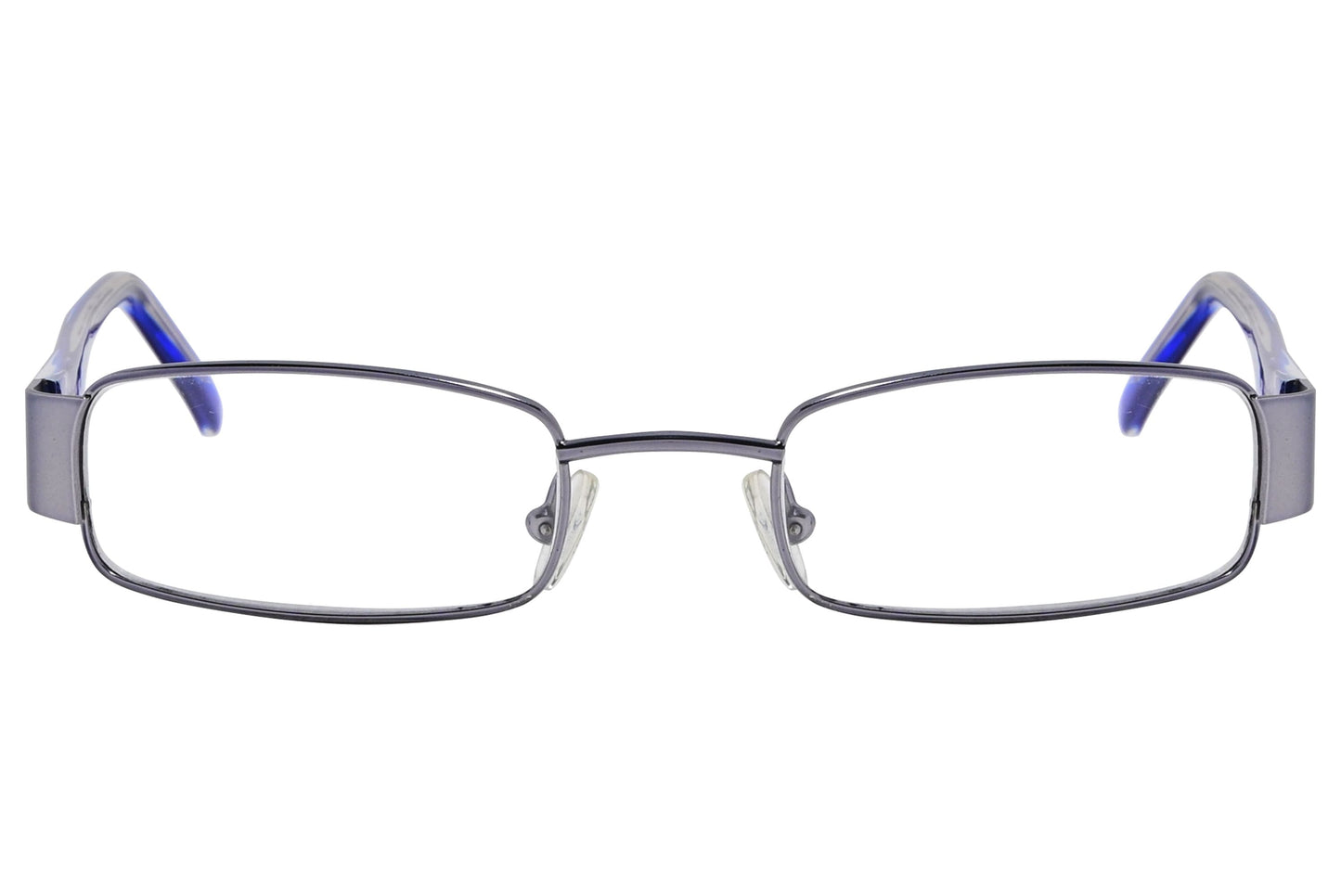 cellini rectangle silver and blue eyeglasses frame viewed from front angle.
