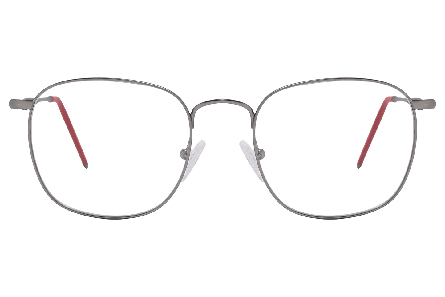 cellini square silver and red eyeglasses frame viewed from front angle.