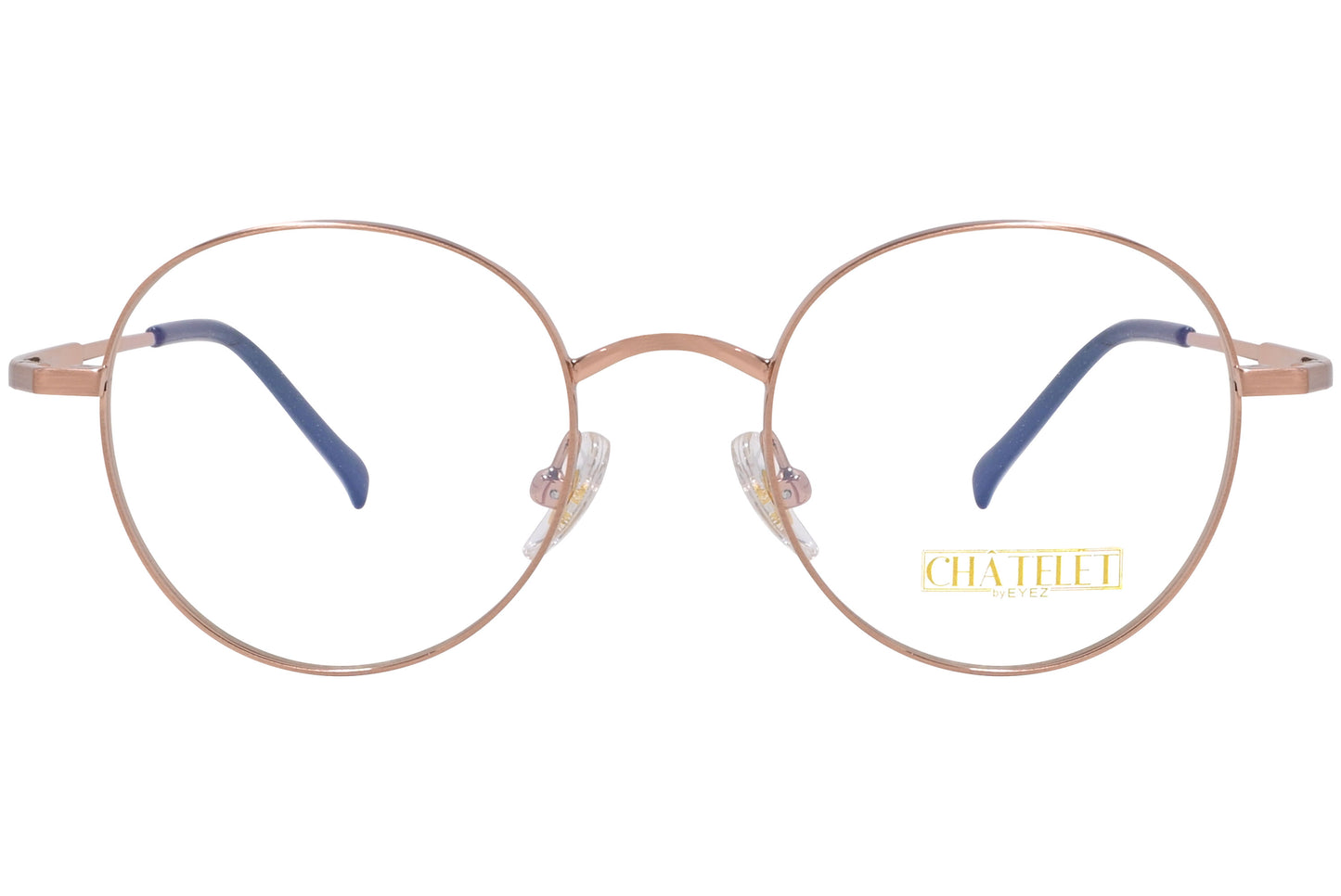 A pair of round eyeglasses with a gold frame, as seen from a side profile against a white background.