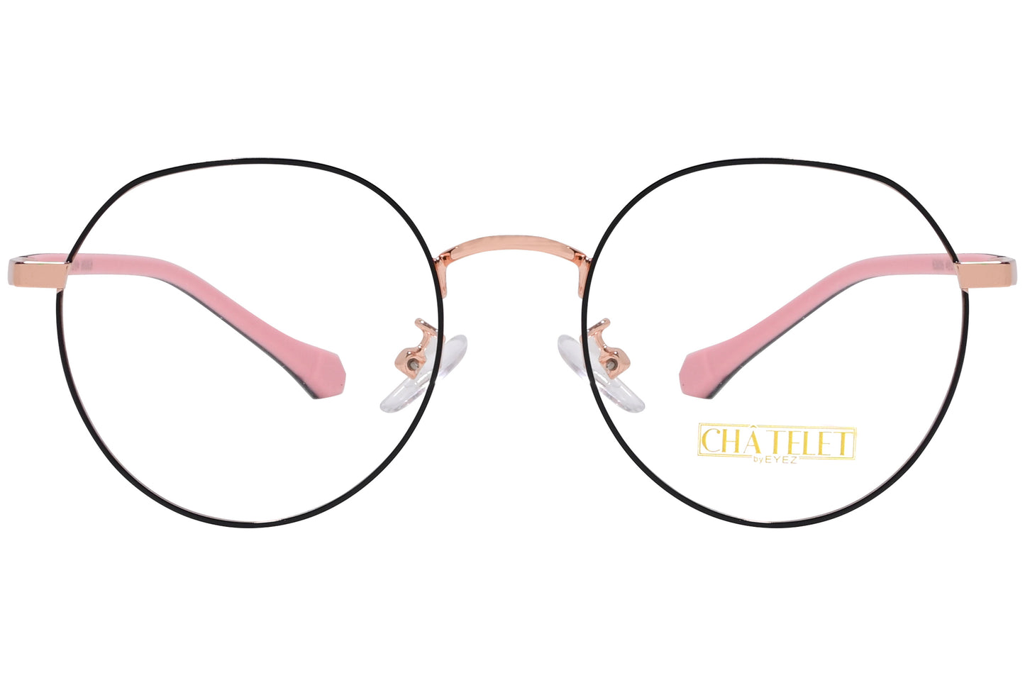 A pair of round eyeglasses with pink temples and a metallic frame, including the brand name 'Gucci' on the side.