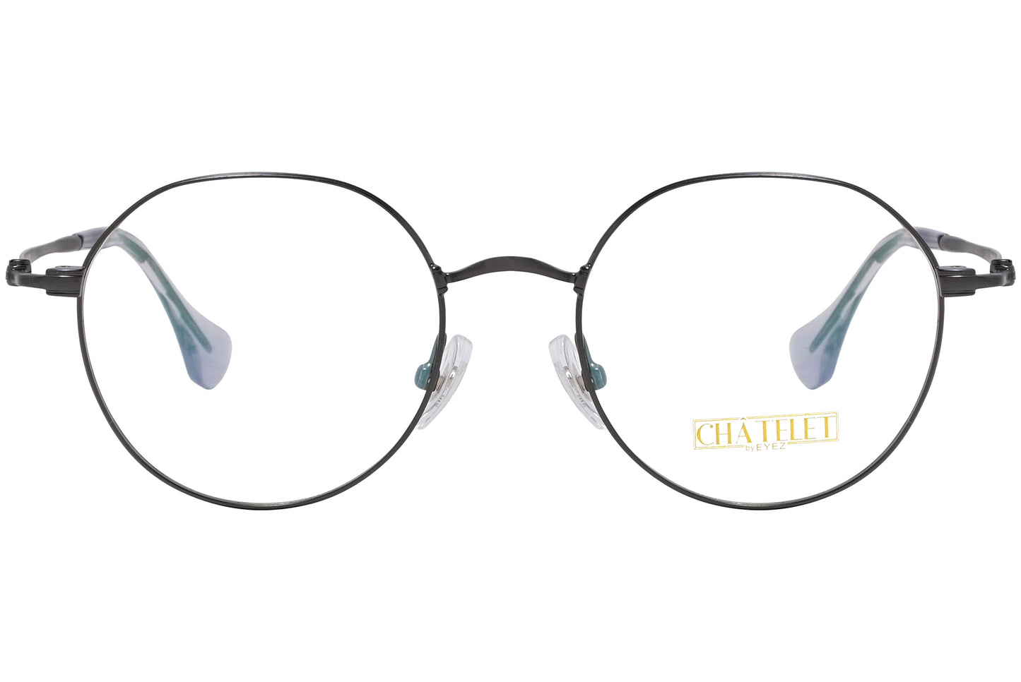 A pair of round eyeglasses with a gray frame, as shown from a side profile against a white background.