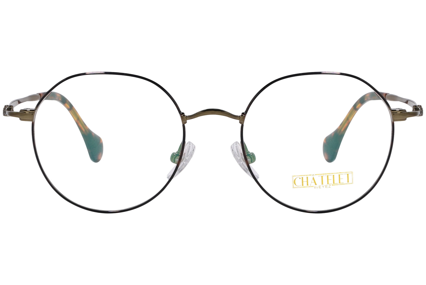Black round eyeglasses with metal frame and temples, displaying the brand name 'Chatelet'.