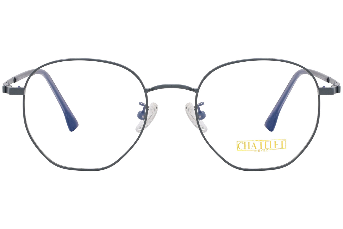 Pewter-colored hexagonal eyeglasses with a full frame design and a visible brand name on the side.