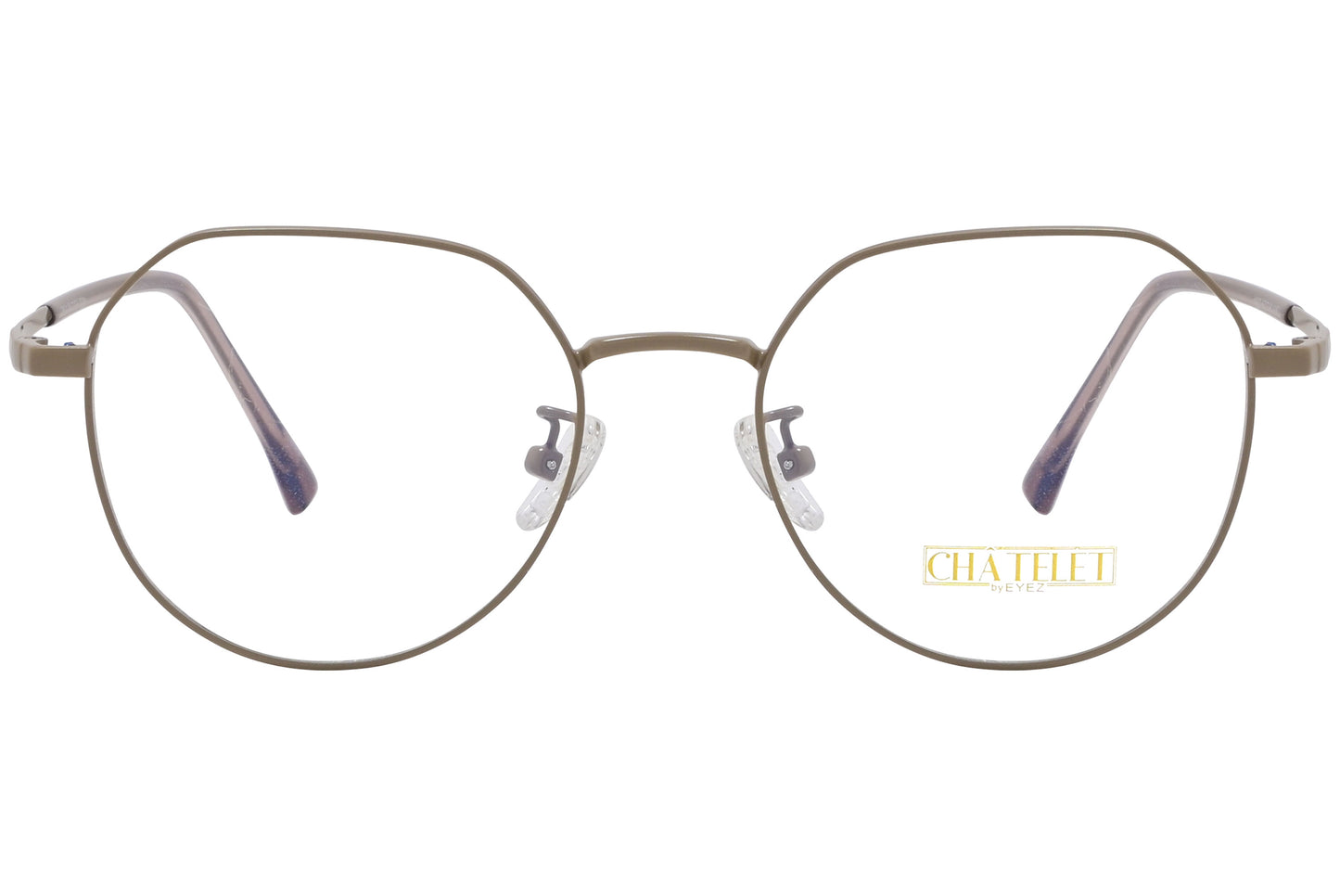Khaki-colored hexagonal eyeglasses with a full frame and metal hinges.