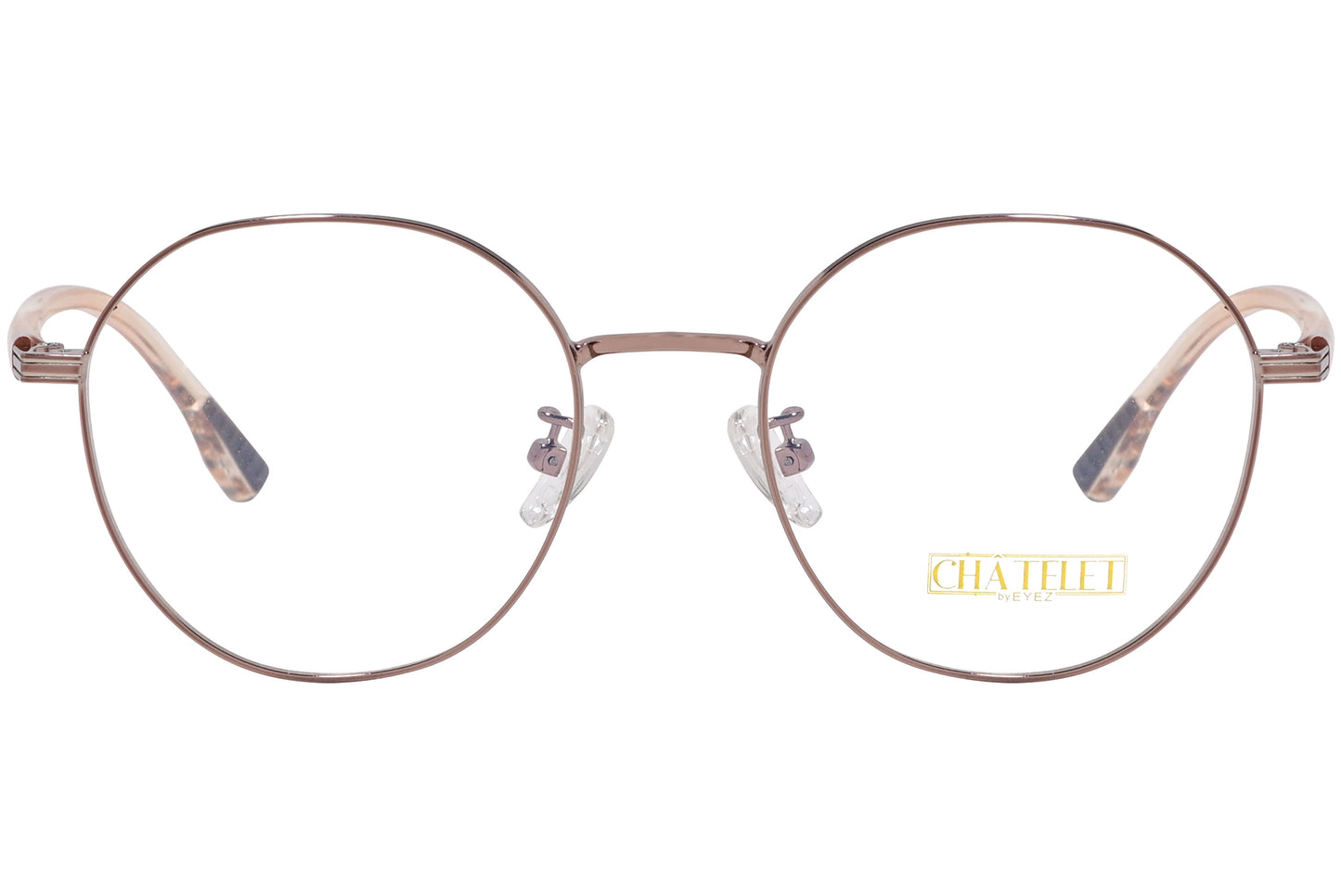 A pair of round eyeglasses with a bronze color frame.