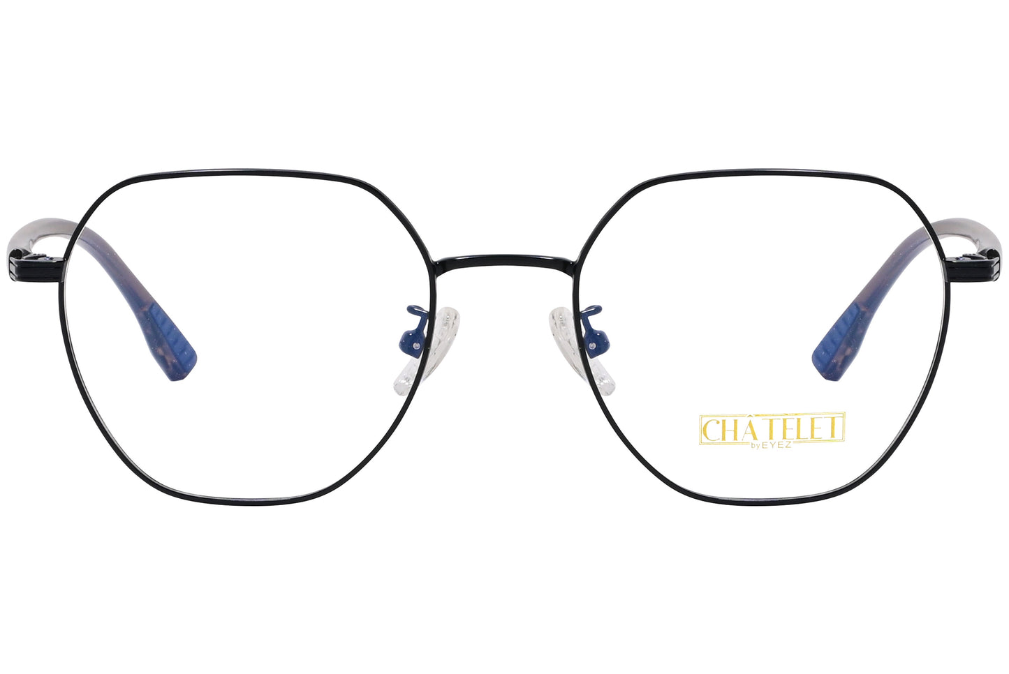 A pair of black hexagonal eyeglasses with the brand name visible on the side.