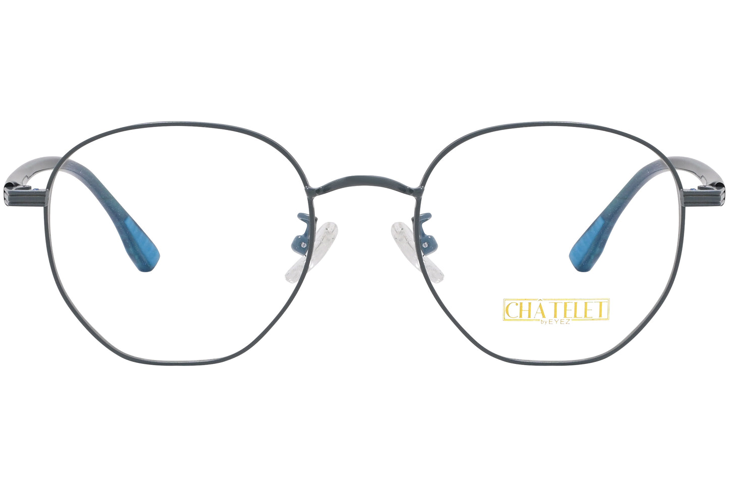A pair of hexagonal eyeglasses with blue and green temples and a metallic frame.