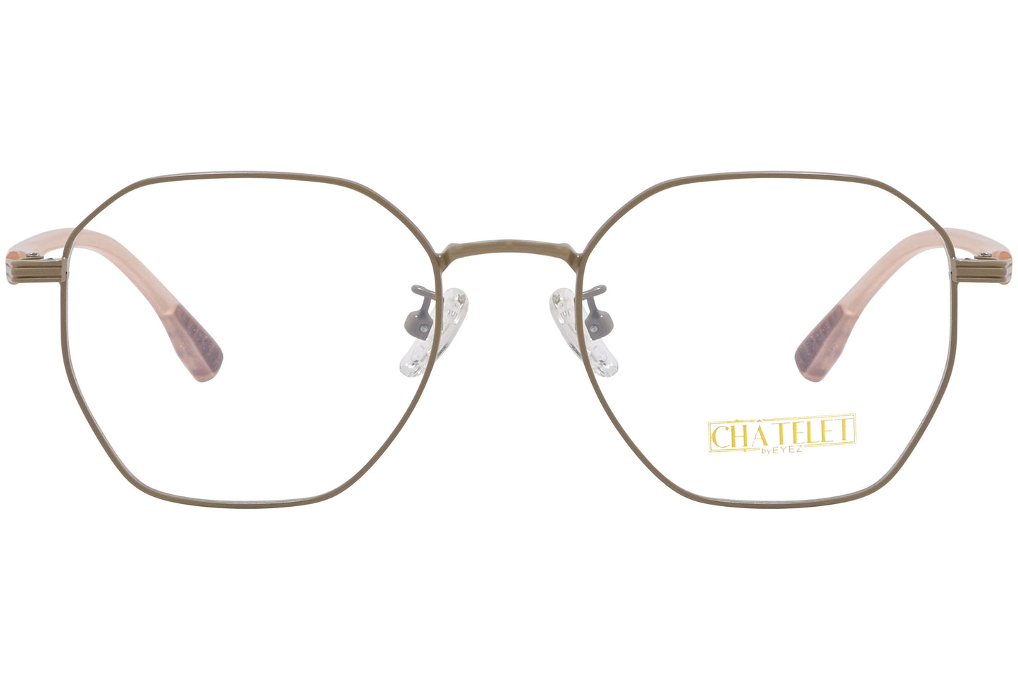 Khaki-colored hexagonal eyeglasses with a full frame design and metal hinges.