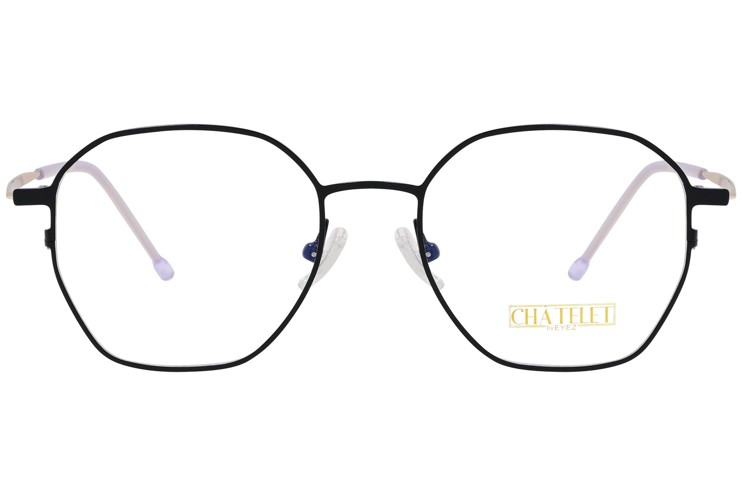 A pair of black hexagonal eyeglasses with metal frame and temples.