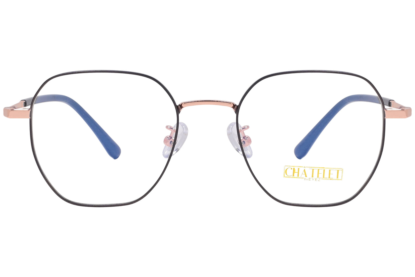 A pair of hexagonal eyeglasses with black and pink frames, with the brand name 'Chatelet' visible on one side.