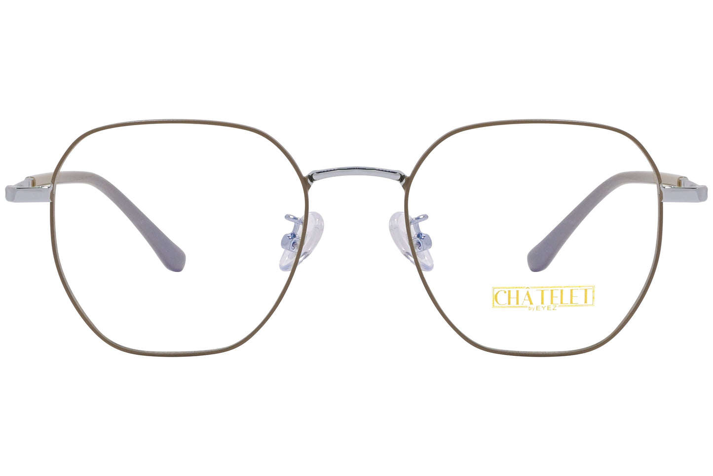 A pair of khaki-colored hexagonal eyeglasses with a full frame design.