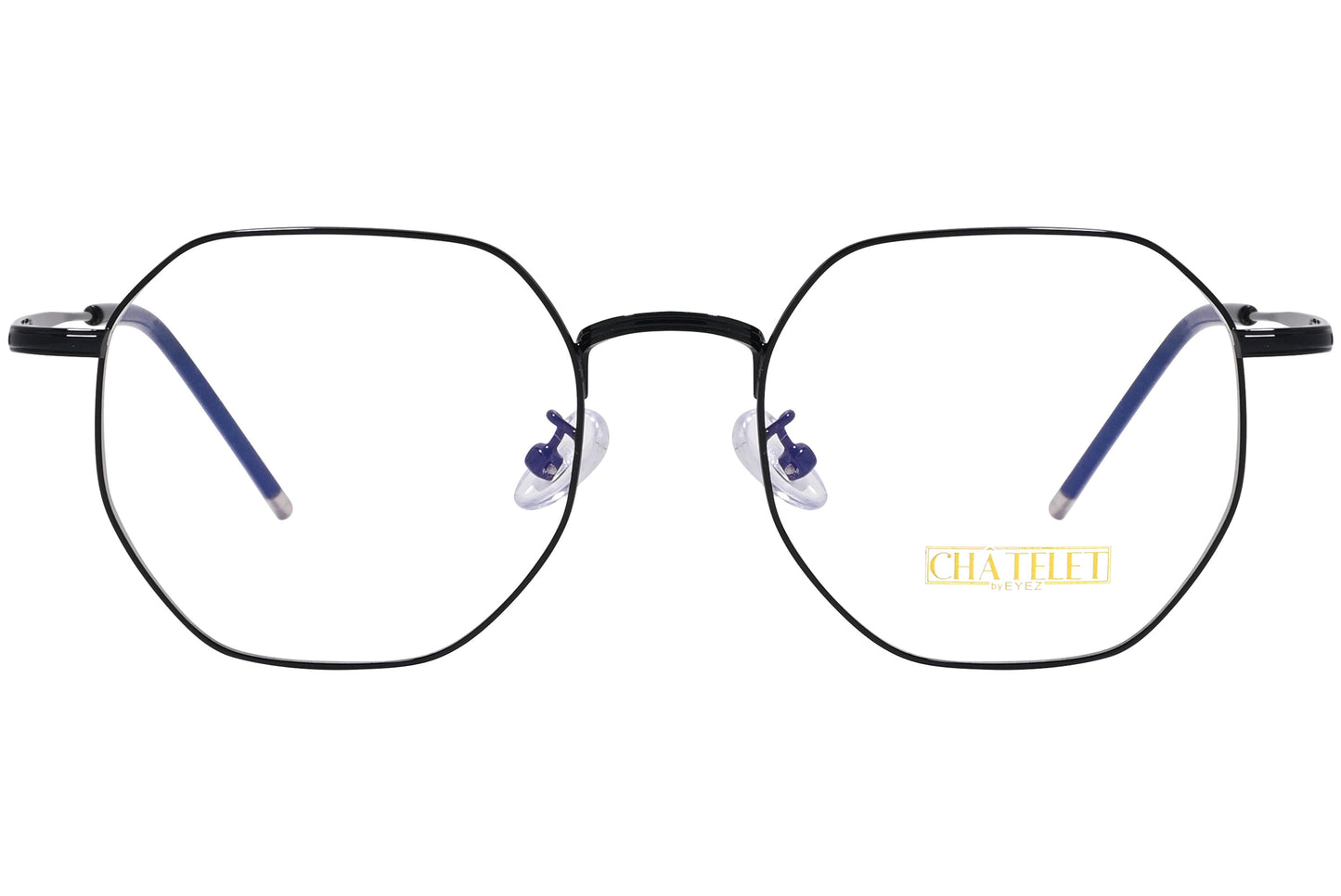 A pair of black hexagonal eyeglasses with the brand name Chatelet visible on the side.