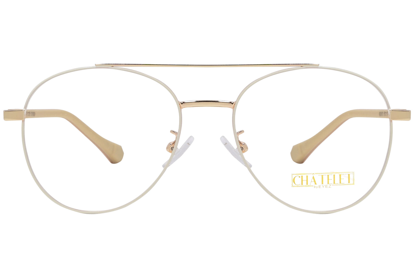 A pair of aviator style eyeglasses with white and yellow frame, as well as clear lenses.