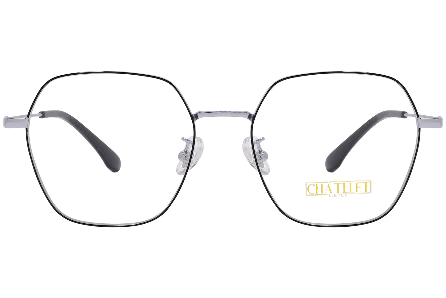 A pair of silver hexagonal eyeglasses with a full frame design.