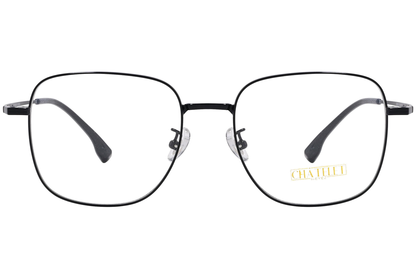 A photo of black hexagonal eyeglasses with the brand name Chatelet visible on the side.
