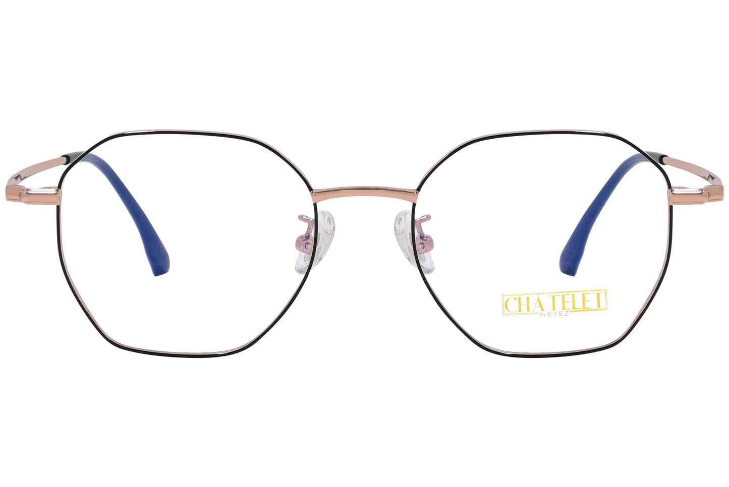 Close-up of Chatelet 90112-C3 women’s hexagonal eyeglasses in rose gold frame