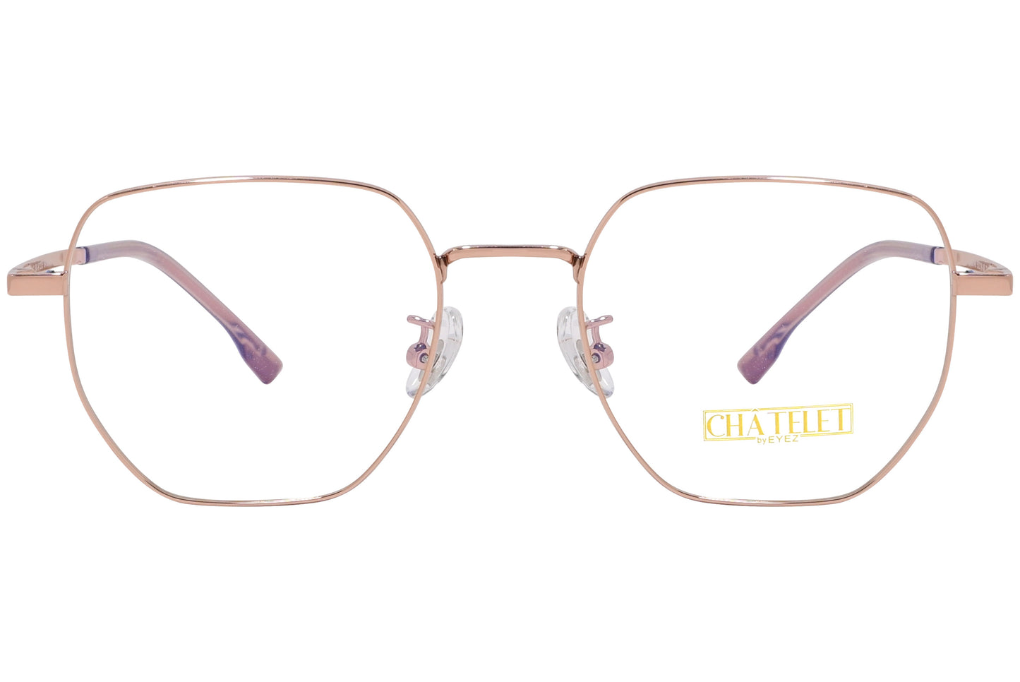 Rose gold hexagonal eyeglasses with a full frame design and a visible brand name on the side arm.