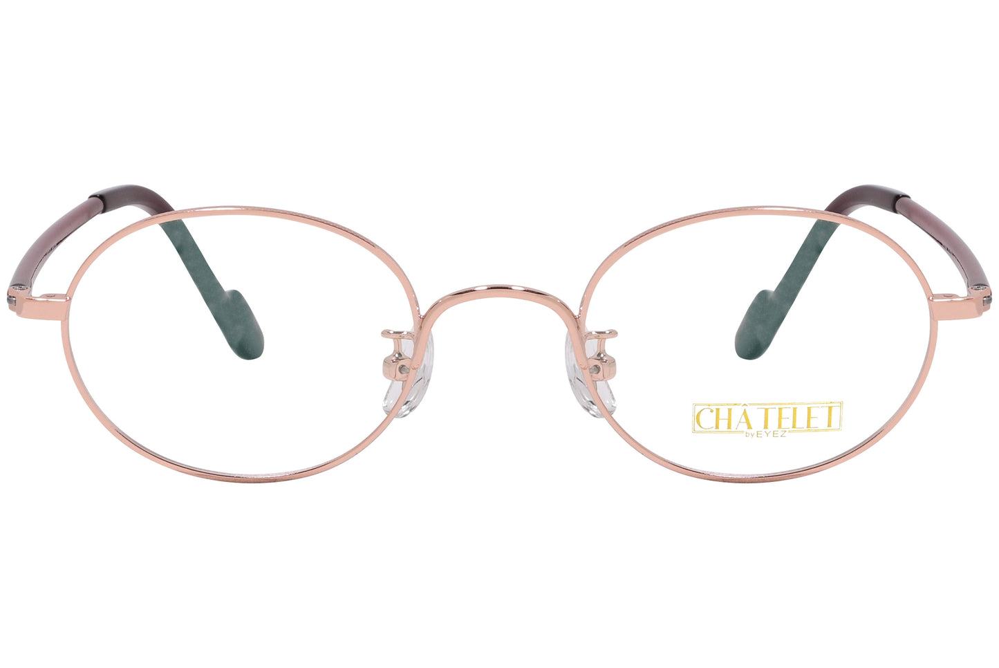 Red oval eyeglasses with a metallic frame and clear lenses, displaying the brand name 'Chatelet' on the side.