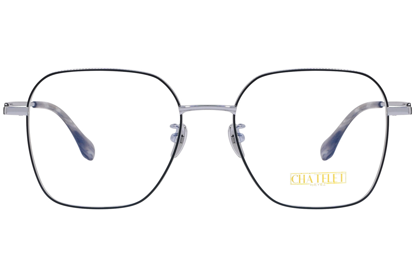 A pair of silver geometric eyeglasses with the brand name Chatelet visible on the side.