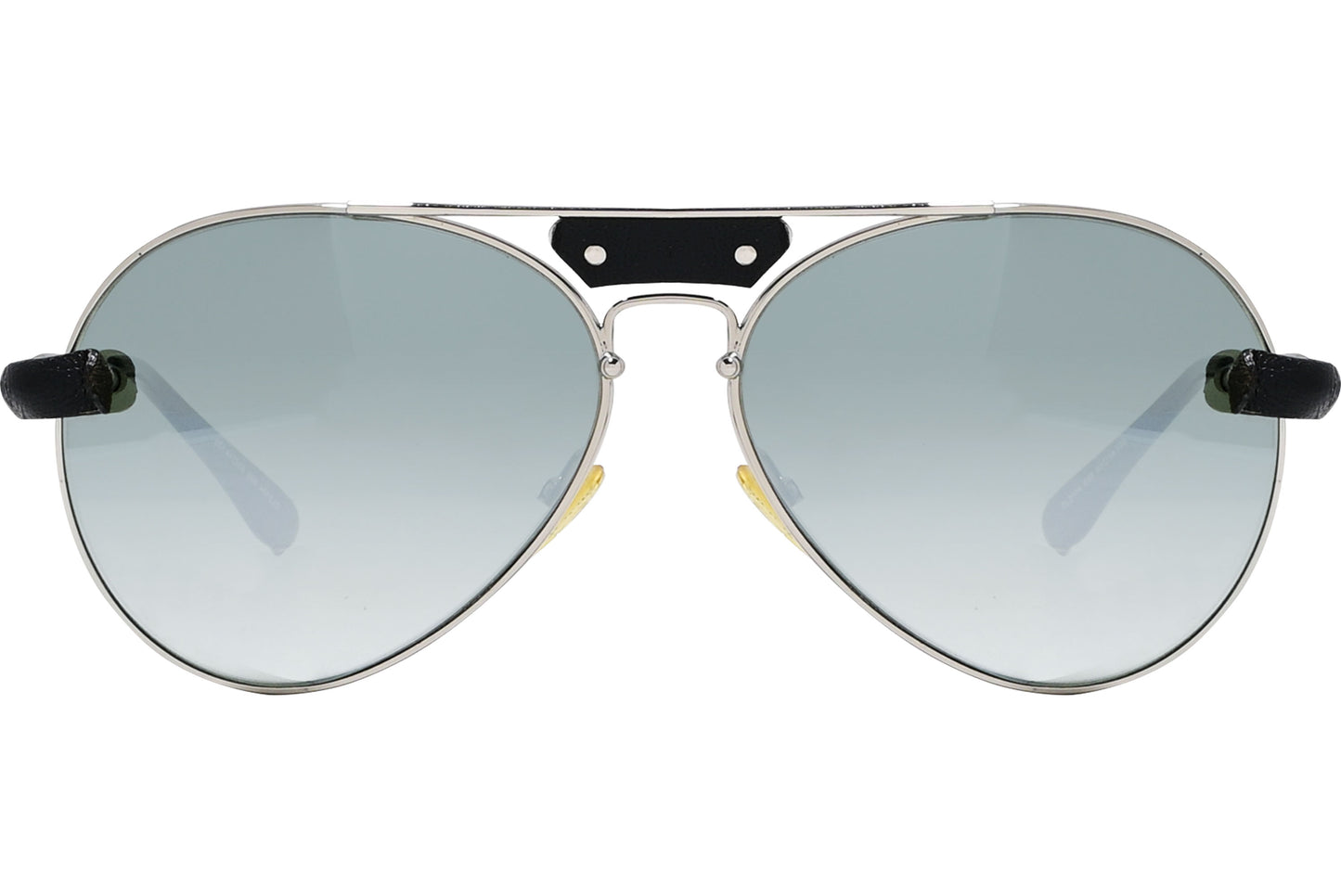 A pair of silver aviator sunglasses with black accents on the arms.