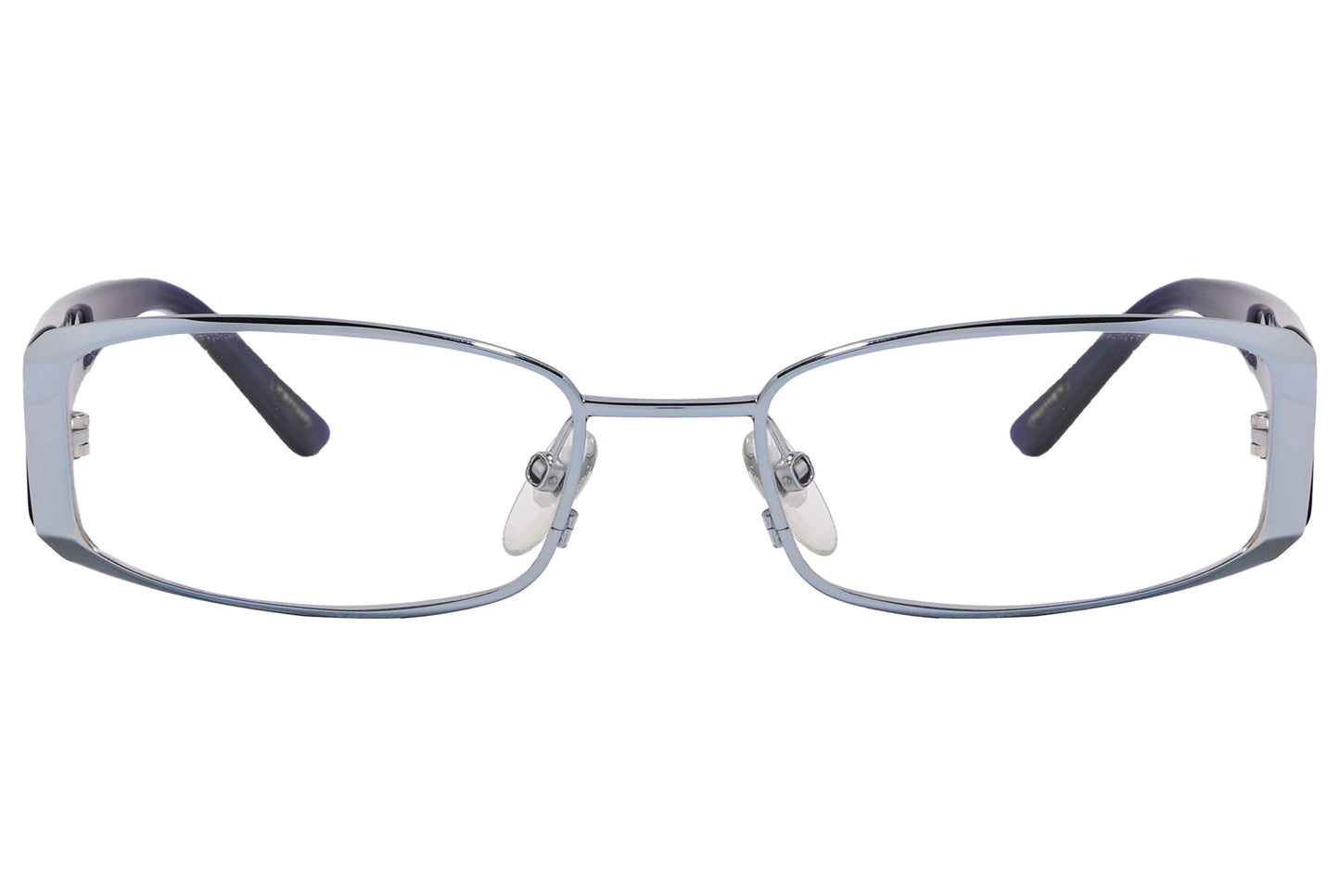 A pair of wrap around eyeglasses with blue frames and clear lenses, showing a side profile.