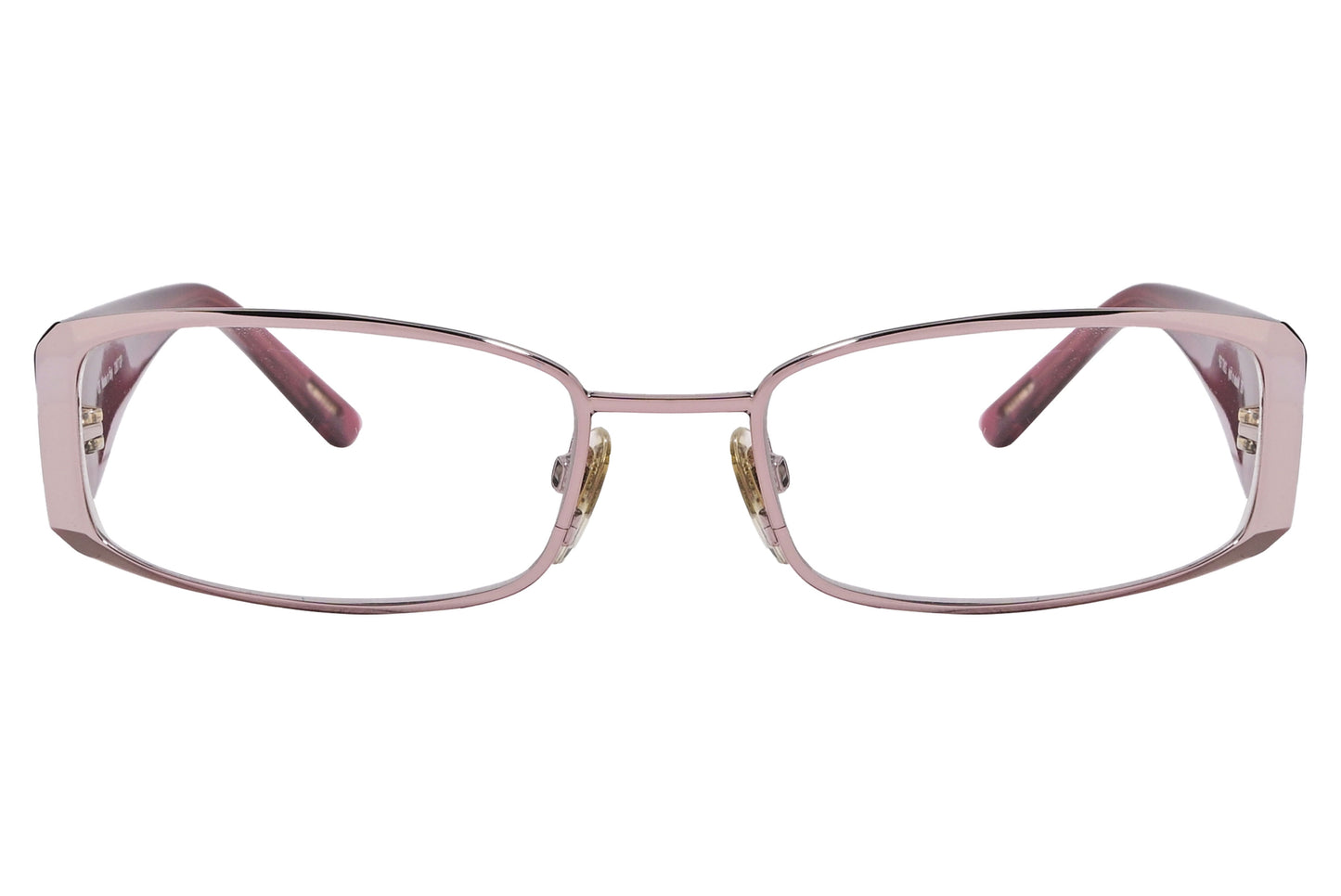 A pair of wrap around eyeglasses with a red frame, clear lenses, and the brand name visible.
