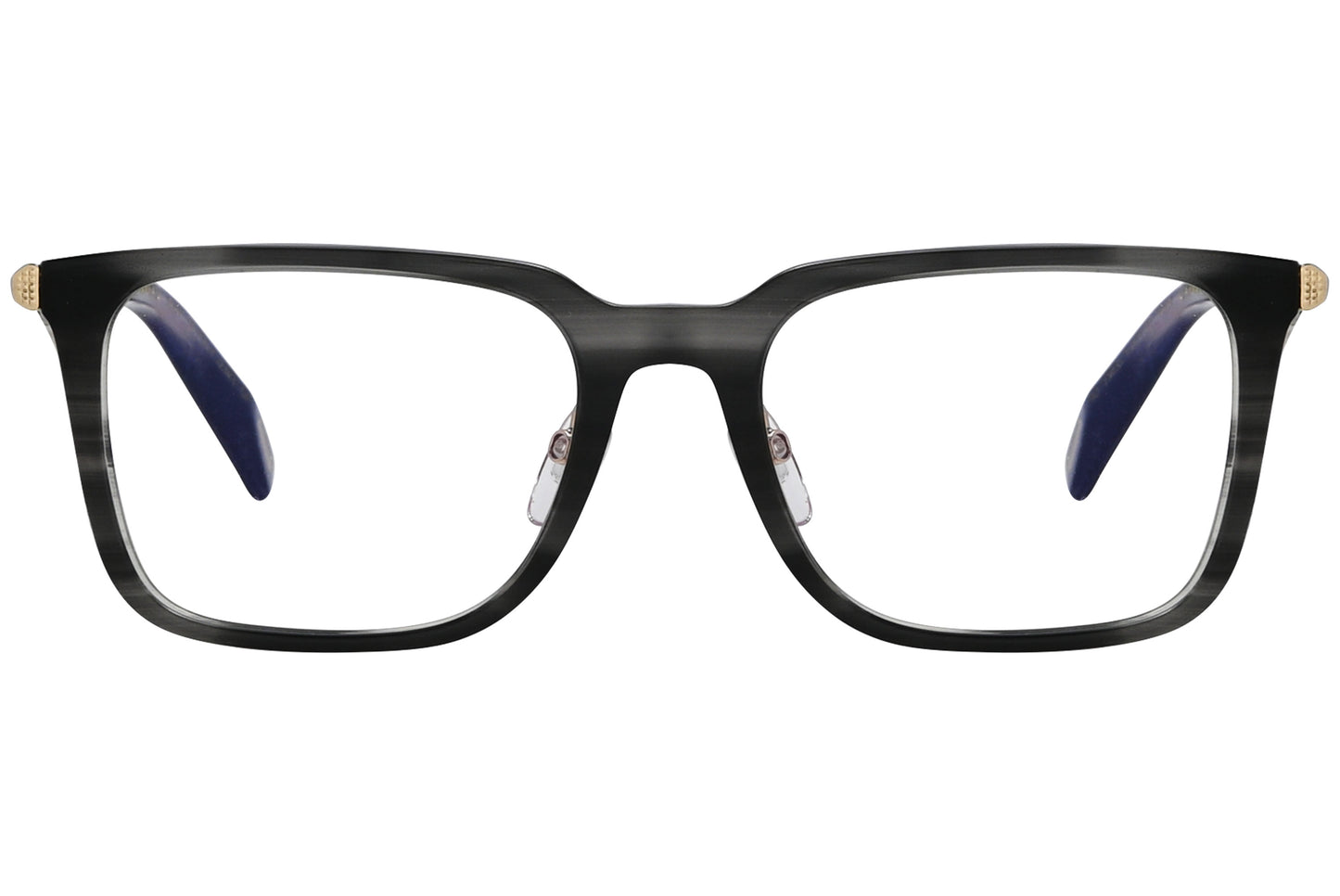 A pair of square eyeglasses with black frames and gold accents on the arms.