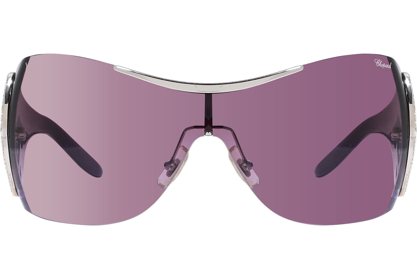 A pair of pink aviator sunglasses with a metallic frame and decorative elements.