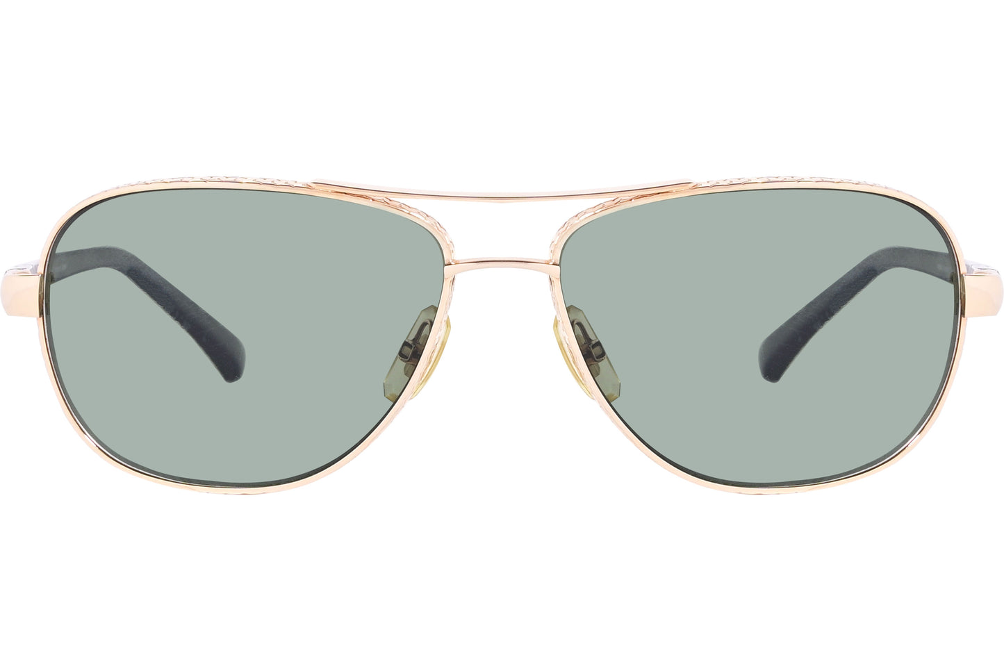 A pair of shield-shaped sunglasses with green lenses and a gold frame.