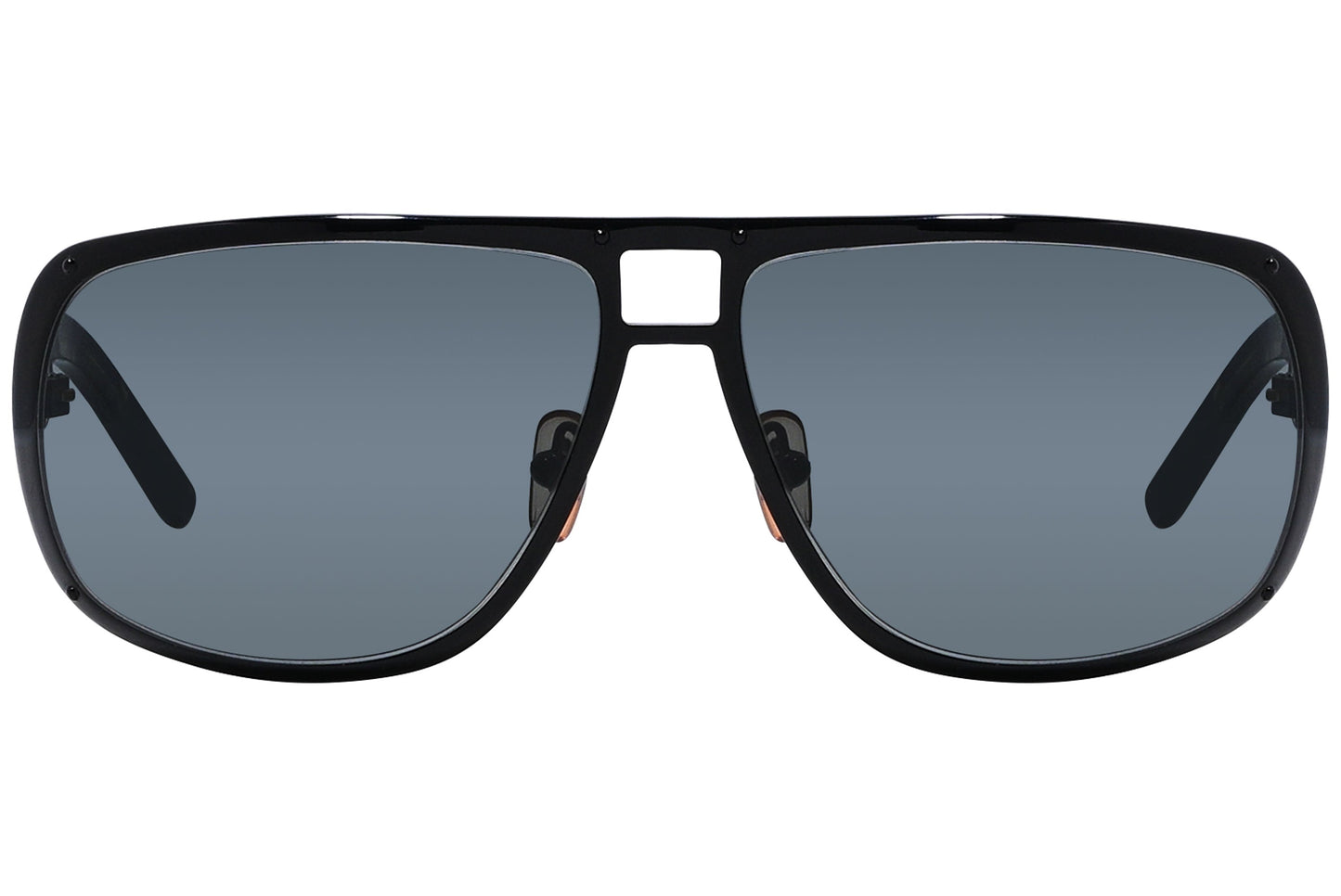 Close-up of Dolce & Gabbana black aviator sunglasses showing lens tint, frame curve, and logo detail