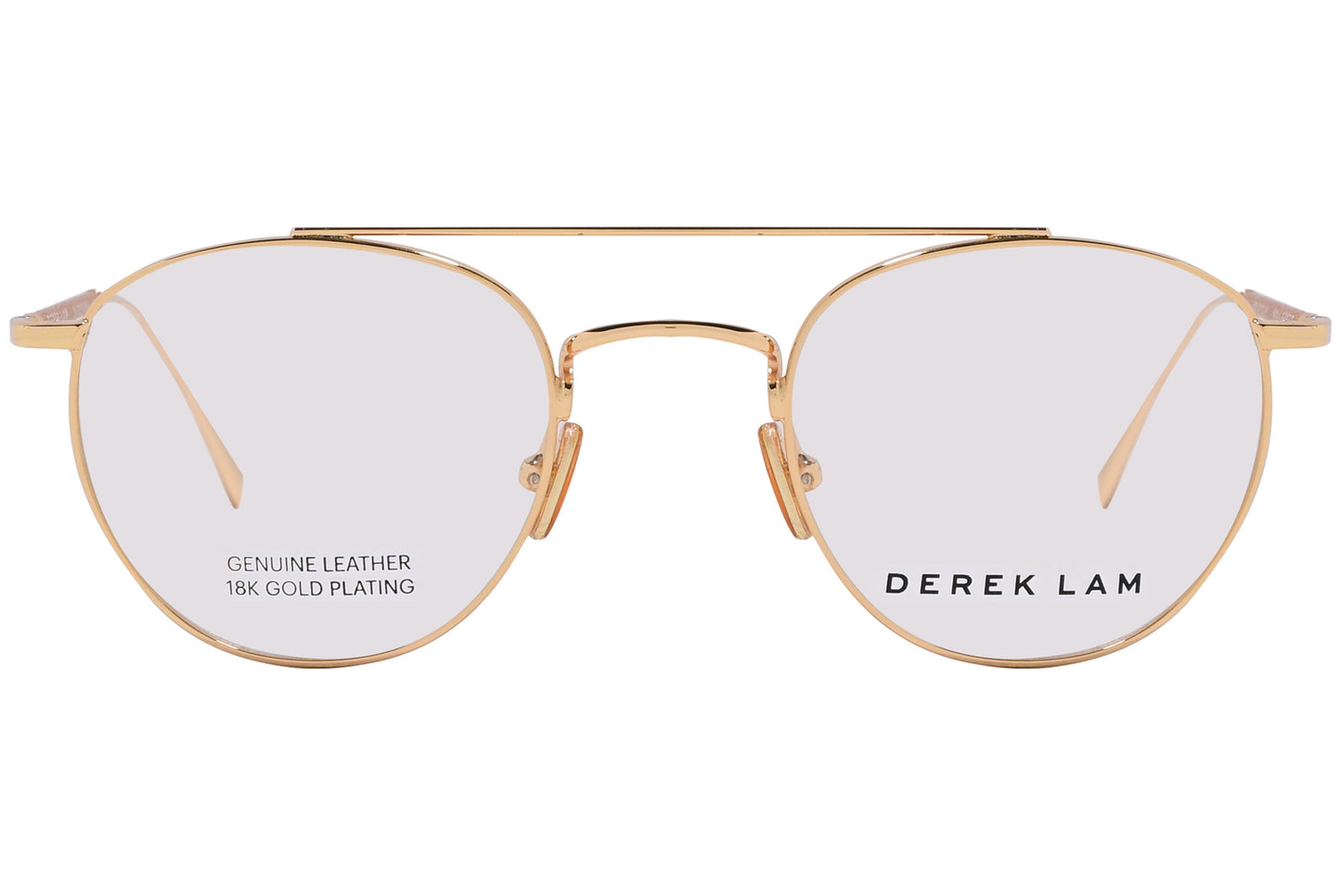 A pair of gold aviator eyeglasses with the brand name Derek Lam visible on the side.